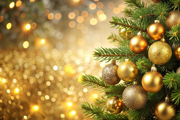 Christmas tree decorated with Golden balls toys on a blurred sparkling and fabulous fairy background with beautiful bokeh copy space