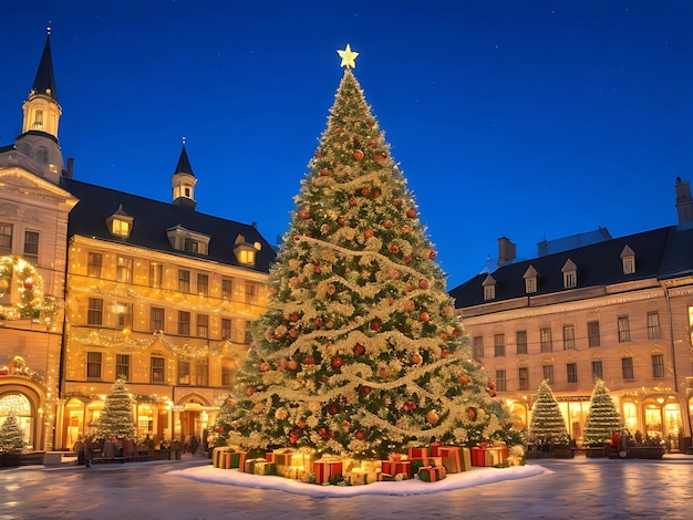 Christmas tree decorated with ornaments in a public space