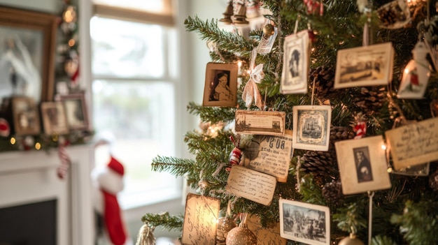 Christmas Tree Decorated with Vintage Postcards and Photos