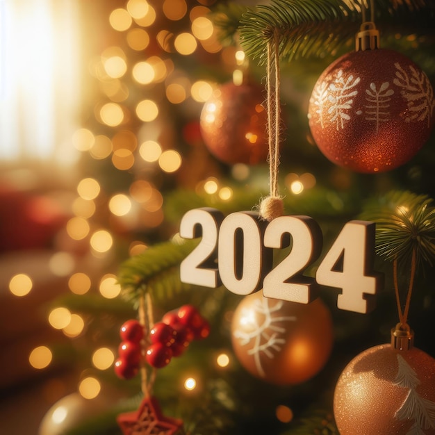 christmas tree and decorations happy new year 2024