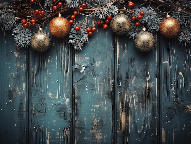 Christmas tree decorations on a wooden background Generative AI