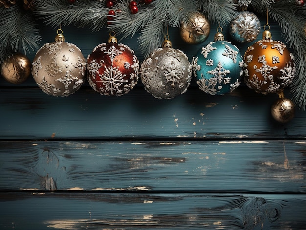 Christmas tree decorations on a wooden background Generative AI