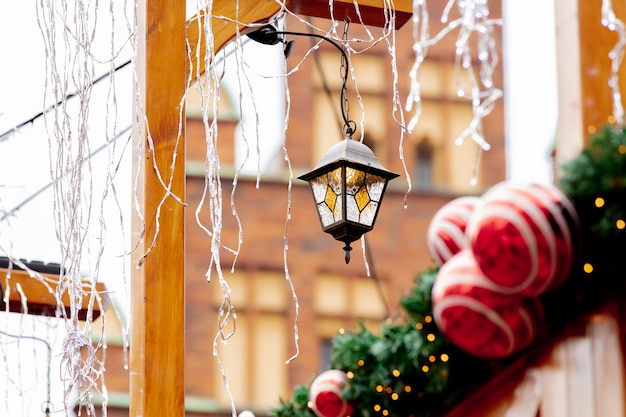 Christmas tree deocration, baubles on market in Wroclaw, Poland