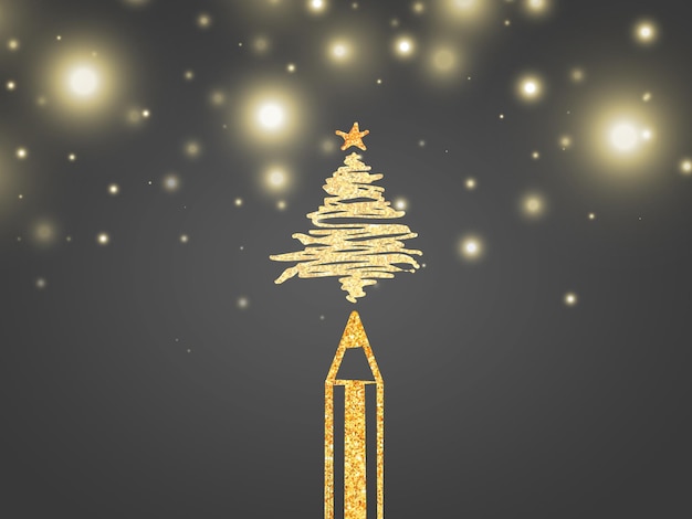 Christmas tree draw with golden pencils on grey background Christmas Day Christmas Tree and Celebration Illustration