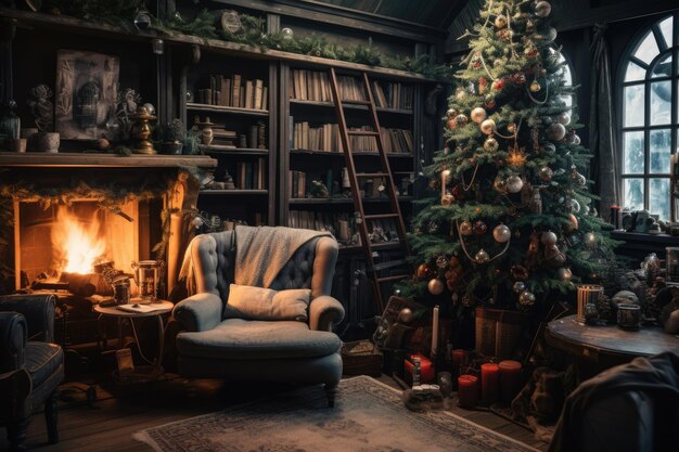 Christmas tree fireplace and books in living room Snow behind the window New Year ambience