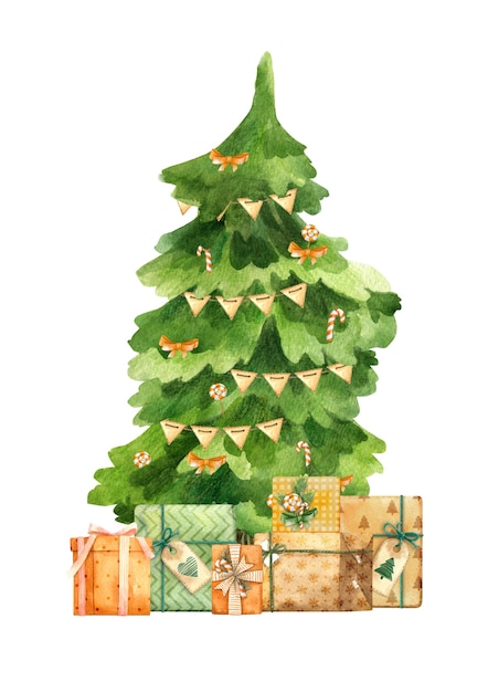 christmas tree fit gifts watercolor illustrations