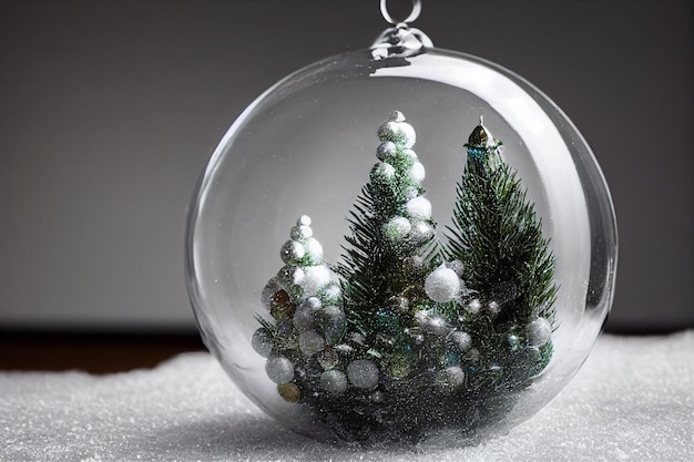 Christmas tree in glass ball on snow