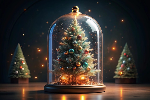 christmas tree in a glass jar with lights on the top