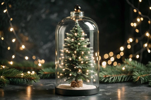 christmas tree in a glass jar with lights on the top