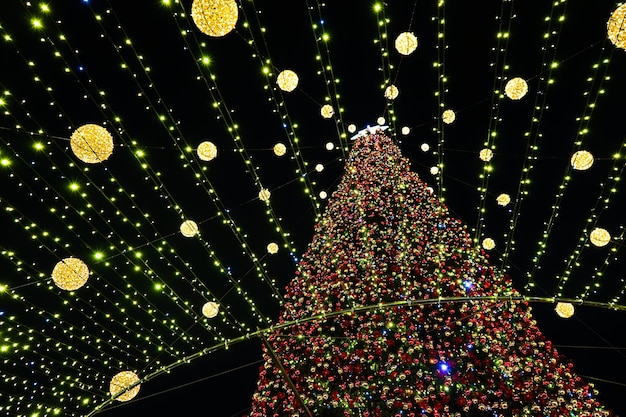 Christmas tree glows on the square in the city Evening night illumination