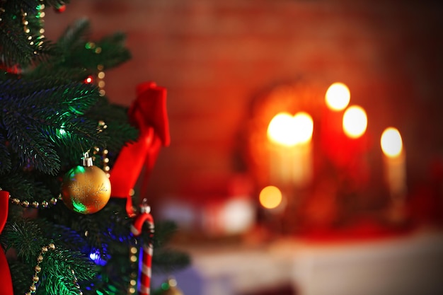 Christmas tree on home interior background