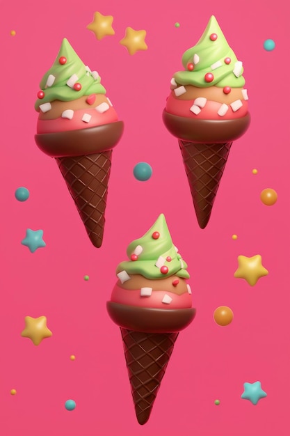 Christmas Tree Ice Cream Cones on Pink Background