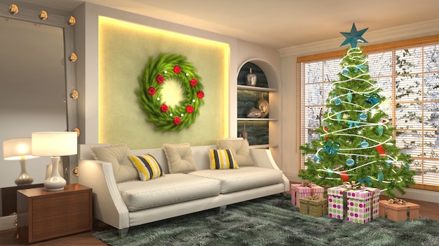 Christmas tree illustration in living room interior