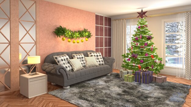 Christmas tree illustration in living room interior