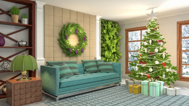 Christmas tree illustration in living room interior