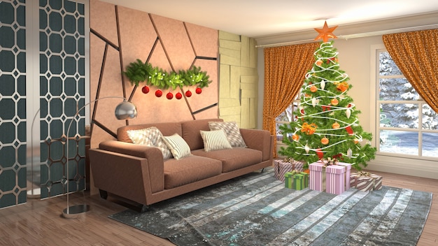 Christmas tree illustration in living room interior