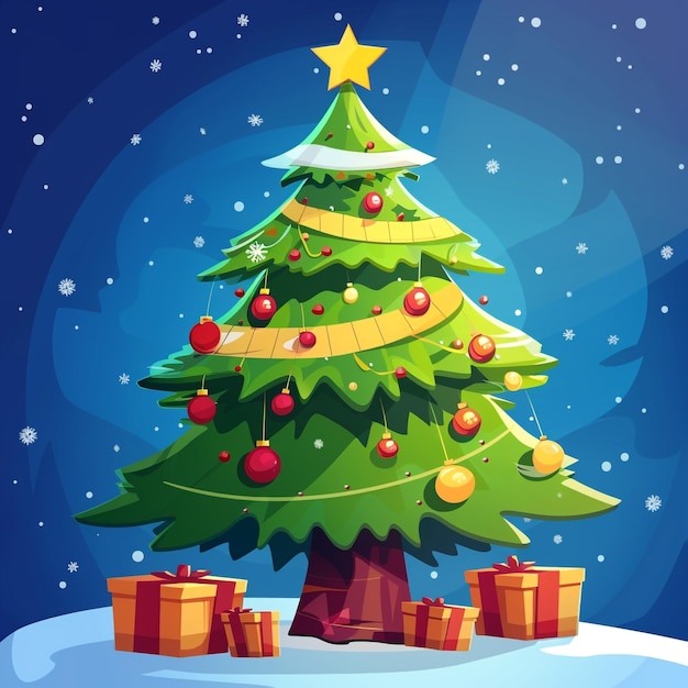 Christmas tree illustration with winter background