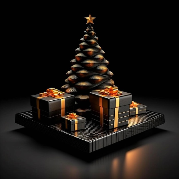 Christmas tree into a square podium with gift boxes into dark background