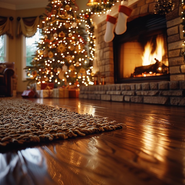 a christmas tree is in the background of a fireplace