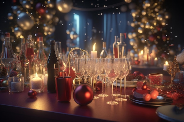 A christmas tree is in the background with a red ball and a glass of wine on the table.