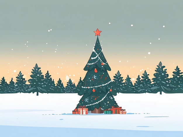 a christmas tree is in front of a cabin with a red star on it