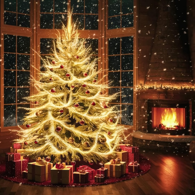 a christmas tree is in front of a fireplace with a fire in the background