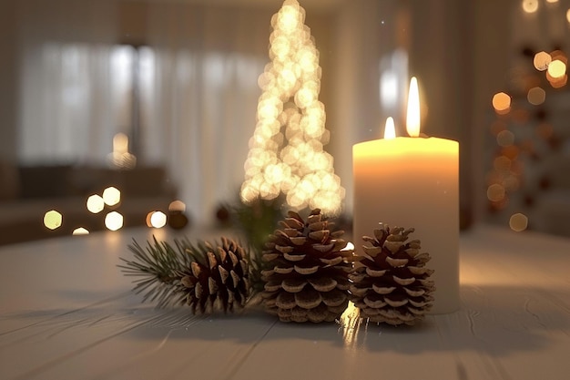 Photo a christmas tree is lit up with a white candle