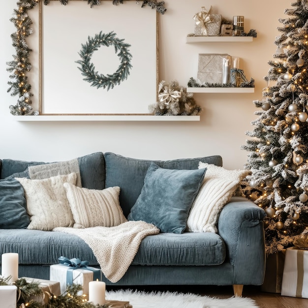 Photo a christmas tree is in a living room with a christmas tree in the corner