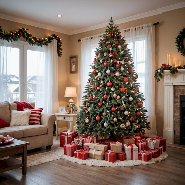 a christmas tree is in a living room with a fireplace and a fireplace