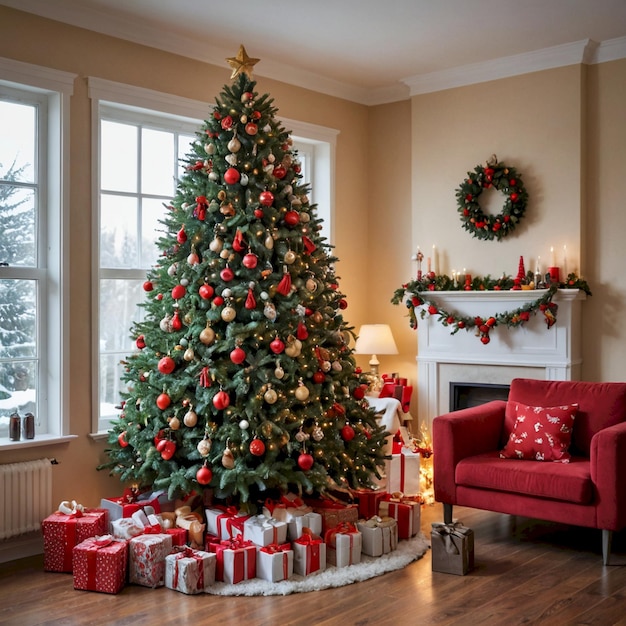 a christmas tree is in a living room with presents and presents