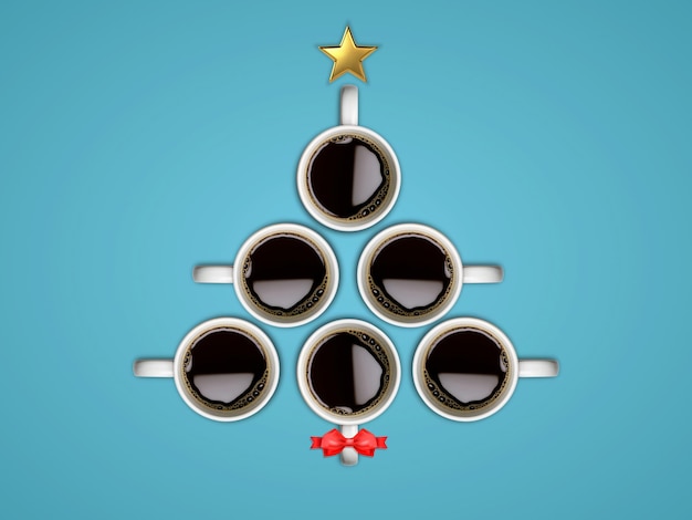 Christmas tree is made of cups coffee on the blue background