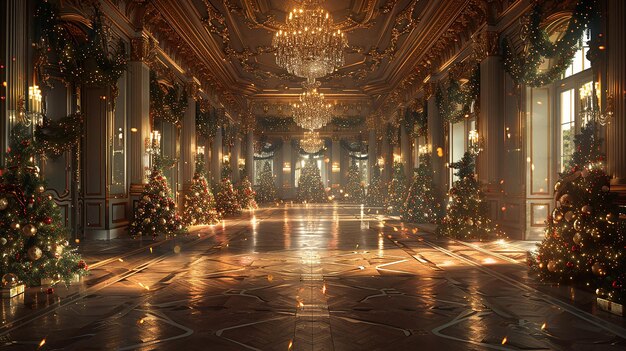 a christmas tree is in the middle of a hall with a christmas tree on the ceiling