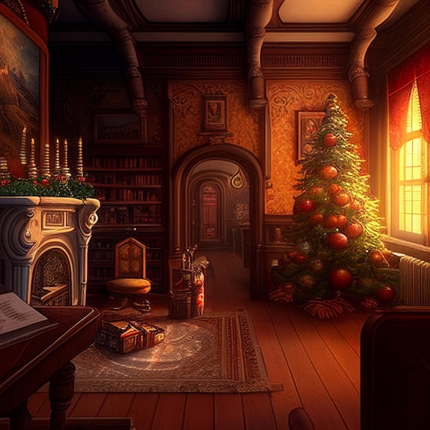 A christmas tree is in a room with a fireplace and a window.