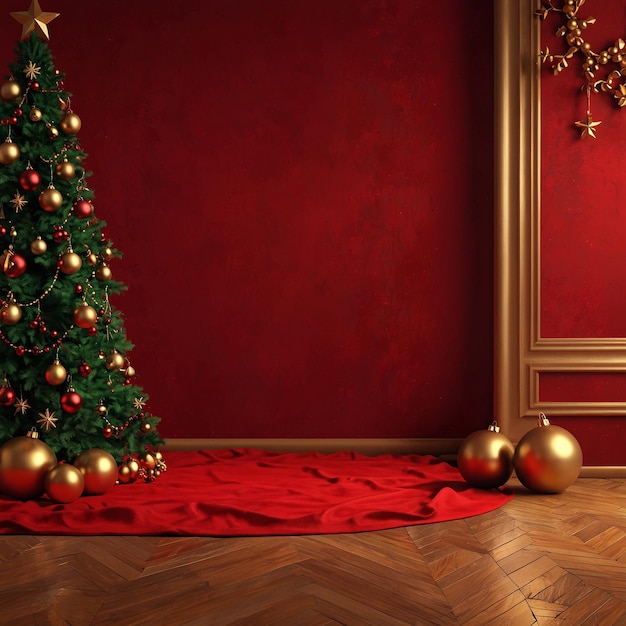 a christmas tree is in a room with a red background