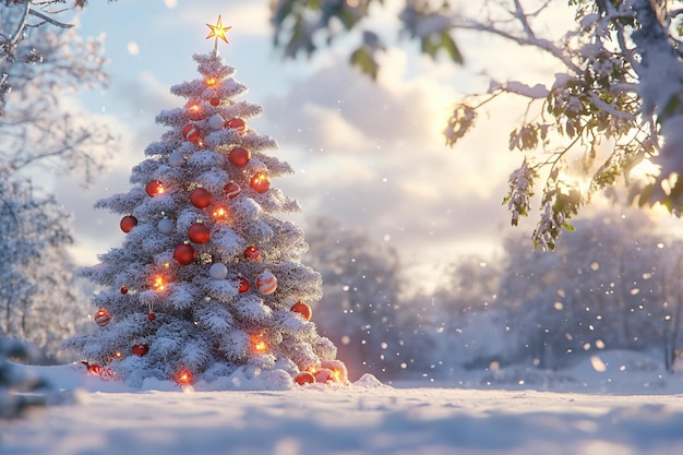 a christmas tree is shown in a snowy park