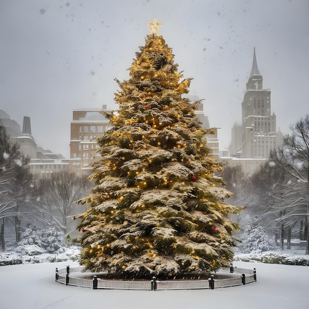 a christmas tree is in the snow with a bench and a bench