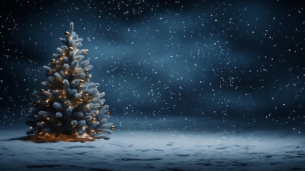 a christmas tree is in the snow with a dark background