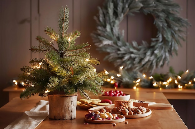 a christmas tree is on a table with a wooden stump and a basket of cookies