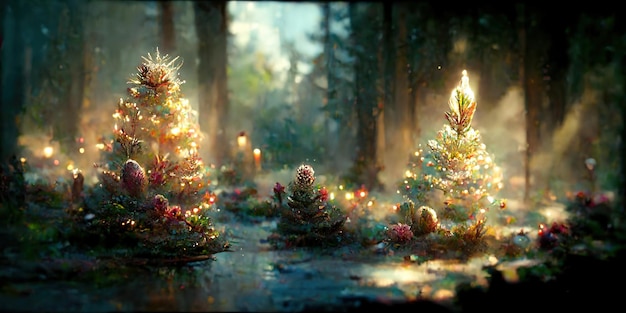 Christmas tree landscape. Digital illustration. Painting. Beautiful christmas scenario