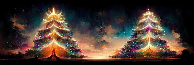 Christmas tree landscape, merry christmas. Digital Illustration.