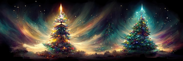 Christmas tree landscape, merry christmas. Digital Illustration.