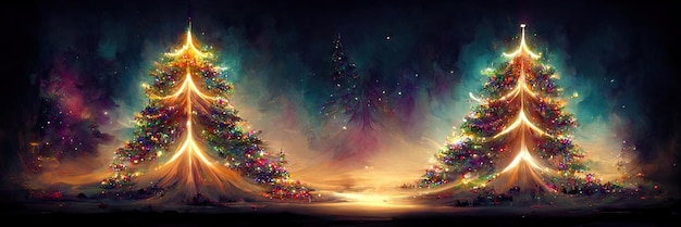 Christmas tree landscape, merry christmas. Digital Illustration.