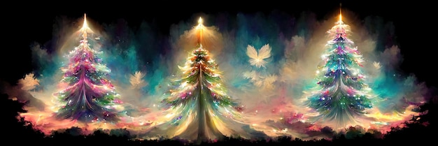 Christmas tree landscape, merry christmas. Digital Illustration.