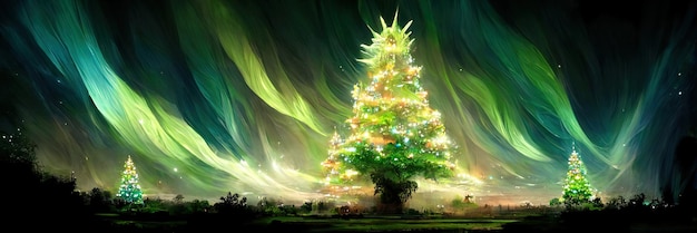 Christmas tree landscape, merry christmas. Digital Illustration.