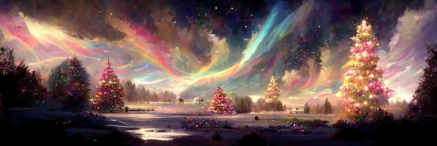 Christmas tree landscape, merry christmas. Digital Illustration.