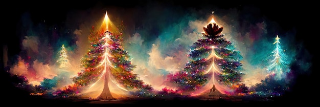 Christmas tree landscape, merry christmas. Digital Illustration.