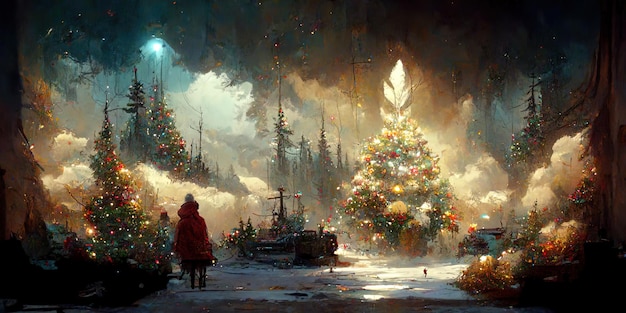 Christmas tree landscape, merry christmas. Digital Illustration.