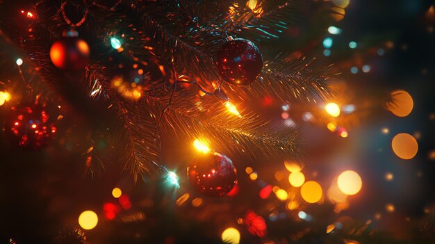 Photo christmas tree lights transitioning from warm amber to deep crimson casting a festive glow on the surrounding decorations 4k hyperrealistic photo