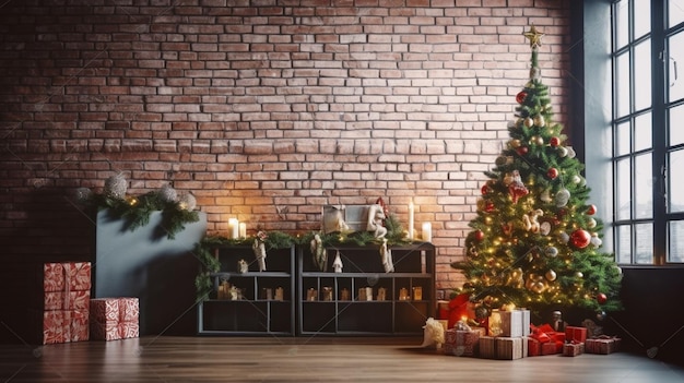 Christmas tree in a living room with a christmas tree and a fireplace.