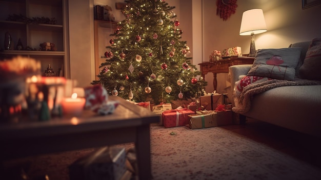 Christmas tree in a living room with a christmas tree and a lit up christmas tree.